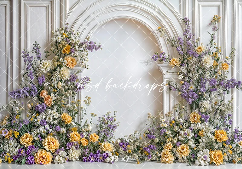 Spring floral backdrop with purple and yellow flowers for Mother’s Day mini sessions in Gilroy