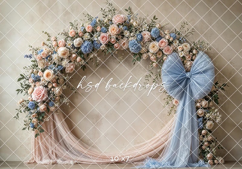 Floral circle backdrop with soft blue accents for Mother’s Day photos in Gilroy studio
