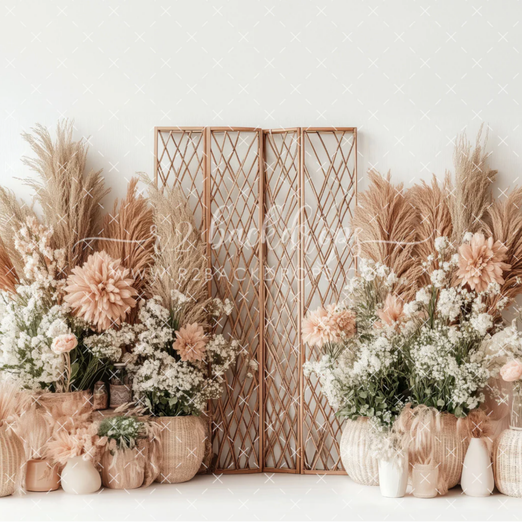 Neutral boho motherhood backdrop with pampas grass for Mother’s Day photos in Gilroy California
